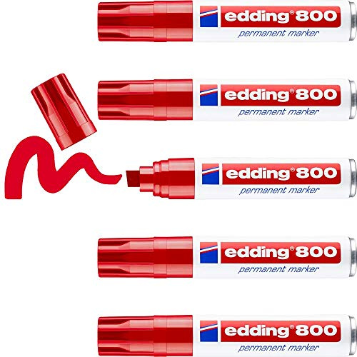 edding 800 Permanentmarker - rot - 5 Stifte - Keil-Spitze 4-12 mm - für breite Markierungen - wasserfest, schnell-trocknend, wischfest - für Karton, Kunststoff, Holz, Metall, Glas