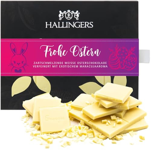Hallingers Genuss Manufaktur Weiße Schokolade Oster-Geschenk - Tafel aus handgeschöpftem Edelkakao ohne Alkohol edler Karton Frohe Ostern Maracuja, Ostern Körbchen für Frauen Männer