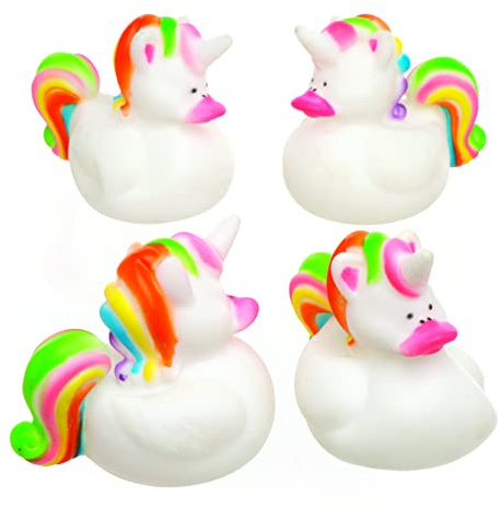 Baker Ross AG697 Rainbow Unicorn Rubber Ducks, Party Bag Filler Toys for Kids, White, Pack of 4, Pieces