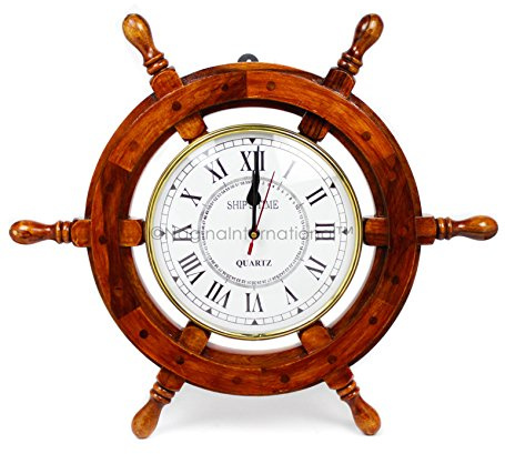 Nagina International 18 Solid Wood Brass Ship Wheel Wall Clock Porthole Nautical Decor Ship Wheel 18 Ship Wheel Clock: Boat Decoration Wooden Nautical Ship Wheel with Clock - Maritime Pirate Decor