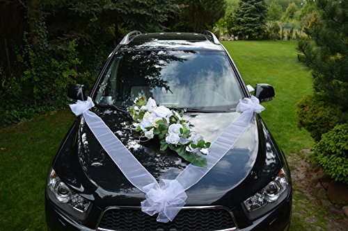 Autoschmuck Autodeko Hochzeit Dekor Verschiedene Variante Komplett (Basis, Blumestrauß + Hochzeitstauben – Weiß)