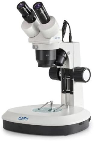 KERN Optics Stereomikroskop für Schule, Ausbildungsstätte, Werkstatt und Labor, Binokular Tubus, 1x/2x Objektiv, Säule, 3W LED, Auflicht, Durchlicht