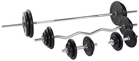 GORILLA SPORTS® Hantelset 108 kg mit Langhantel, SZ-Stange, 2 Kurzhanteln | 18 gummierte Gusseisen-Scheiben, 30 mm, gerändelt, mit 8 Sternverschlüssen, bodenschonend und geräuscharm