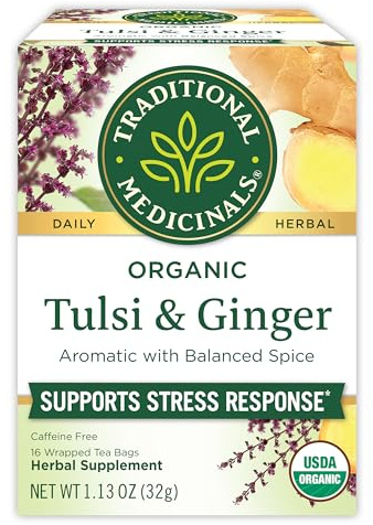 Traditional Medicinals Tea, Organic Tulsi & Ginger - Relieves Stress, Tension, & Irritability - Kosher, Non-GMO, Caffeine-Free - 16 Tea Bags