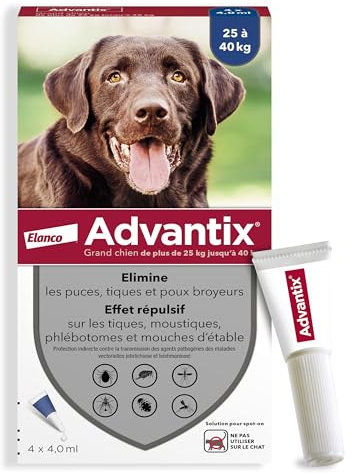 Advantix Grand Chien entre 25 et 40 kg – Pipettes pour chien contre 6 parasites – Traitement et protection pour votre animal pendant 4 semaines – 4 x 4,0 ml