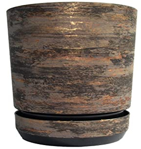 KERD Blumentopf 26 cm, Rostige Rinde (032), dekorativ, hochwertig, aus Recyclingmaterial, mit Drainage, mit Untersetzer, handbeklebt, holzähnlich, Holzmotiv, natürliche Dekoration, warme Töne