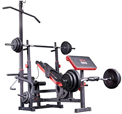 Multifunktion Hantelbank Kraftstation inkl. Latzug, Bauchtrainer, Armcurl und Beincurl mit Hantelset aus Langhantel, Curlhantel und Stange Gewichten 50kg bis 160kg (+ 50 kg Lang- & Curlhantel)