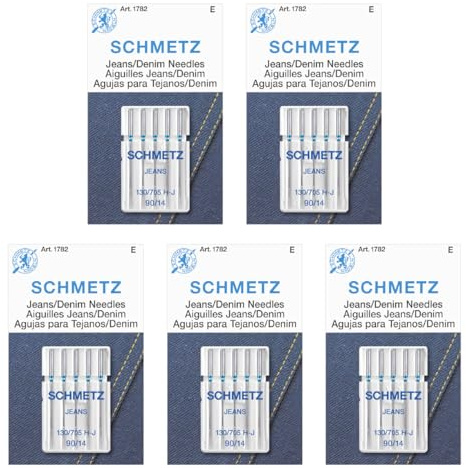 SCHMETZ Jean & Denim Nähmaschinennadeln – Präzisionsnadeln für schwere Stoffe, Größe 90/14, 5-Nadel-Karten, 5 Stück