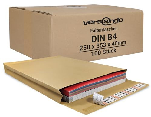 versando 100x B4 Faltentaschen 4cm Falte ohne Fenster (250x353x40 mm) Versandtaschen Bodenfalte haftklebend braun