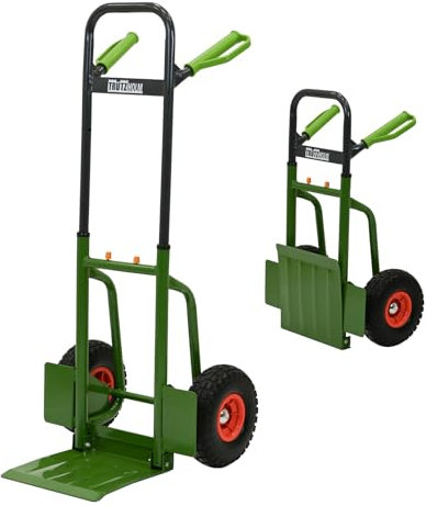 TRUTZHOLM Sackkarre pulverbeschichteter Stahl Tragkraft 200 kg 112,5 cm Höhe große klappbare Ladefläche 29x29 cm pannensichere Vollgummiräder ergonomische Sicherheitsgriffe mit Handschutzbügel