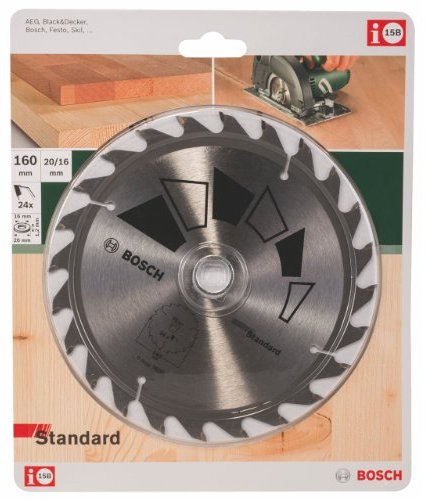 Bosch Accessories 1x Kreissägeblatt Standard (Sägeblatt für Holz, Ø 160 x 2.2/1.5 x 20/16 mm, 24 Zähne, ATB, mit 1x Reduzierring 16 mm, Zubehör Kreissäge)