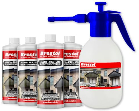 BRESTOL® Algenentferner Pilzentferner Flechtenentferner 4x 1000 ml Konzentrat + 1,8 Liter Drucksprüher säurebeständig - Grünbelagsentferner Grünbelagentferner