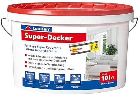 baufan Super-Decker 10 Liter Weiße Wandfarbe | Deckkraftklasse 1 | Stumpfmatt | Weiße Farbe Innen | Nassabriebbeständigkeit Klasse 3 | Lösungsmittel- & Weichmacherfrei | Airless Spritzbar