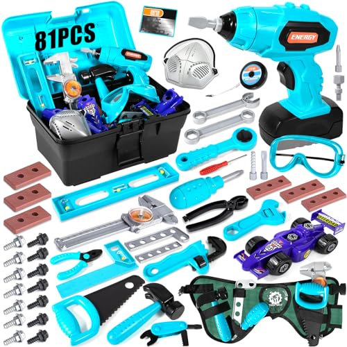 AOUVT 81Pcs Herramientas de Juguetes para Niños, Caja de Herramientas para Niños, Caja de Herramientas con Taladro Eléctrico, Herramientas y Accesorios de Construcción para Niños Mayores de 3 Años
