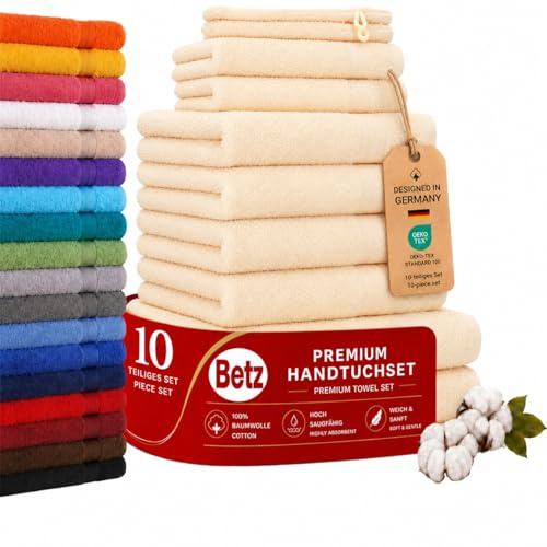 Betz Premium Handtuch-Set mit 10 Teilen – 100% Baumwolle, 4 Handtücher 50 x 100 cm, 2 große Duschtücher 70x140 cm, 2 Gästetücher 30 x 50 cm, 2 Waschhandschuhe, beige