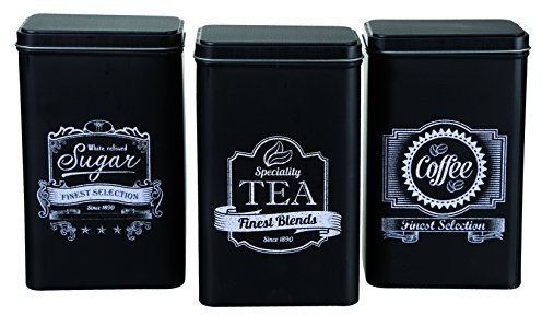 Out of the Blue Set Elegante di barattoli rettangolari per caffè, tè, Zucchero, con Logo Finest Selection, Colore Nero, Confezione da 3
