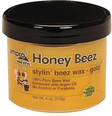 Ampro Pro Styl Beez Wax - Softens Your Hair and Provides Strong Hold - Infused with Argan Oil to Smooth and Condition Tresses - Creates Sleek Looks When Locking, Curling, and Braiding - Gold - 4 oz