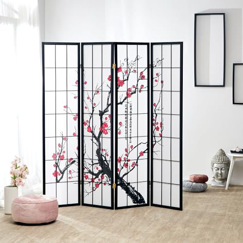 Homestyle4u Paravent Raumteiler 4 teilig Innen Holz Schwarz Reispapier Weiß Kirschblüten Motiv Sichtschutz