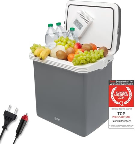 TZS First Austria elektrische Kühlbox 32 Liter | 12 Volt & 230 Volt Anschluss | mit 12-V-Stecker fürs Auto | für Camping, Festivals & Reisen | mit Kühl- und Warmhaltefunktion | grau