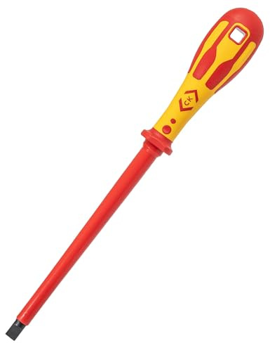 C.K Dextro VDE Slotted Screwdriver 10mm x 200mm, Electricians Insulated Flat Head Screwdrivers, 10,000v Test, Gripping Precision Tip, Electrical Terminal Flathead Screw Driver, Hand Tools T49144-100