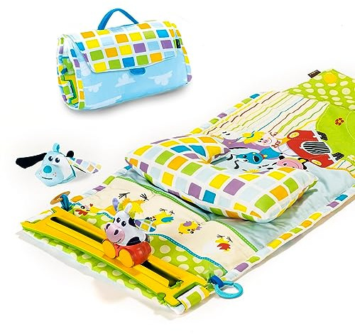 Yookidoo Baby Bauchlage Spielmatte mit Musik – Neugeborenen Spieldecke & Outdoor Activity Gym mit Kissen, Beißspielzeug und Faltbarer Tragetasche – 0–12 Monate