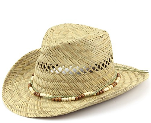 Sombrero de vaquero de paja con banda de cuentas, natural, talla única