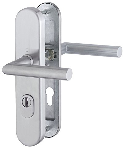 HOPPE 3898215 Sicherheits- Drückergarnitur Amsterdam - DIN-Norm Entfernung 92 mm, Langschild Profilzylinder für Türstärke 67-72 mm mit Kernziehschutz, Klasse 3, edelstahl matt,1 Stück
