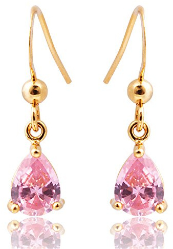 RIZILIA 14K Gold Plated Dangle Drop Pear CZ Birthstone Earrings for Women | Hypoallergenic Dainty Gemstone Earrings, Multicolor 6x8mm Teardrop Cubic Zirconia, 14K Gold Plated, Jewelry Gift Boxed