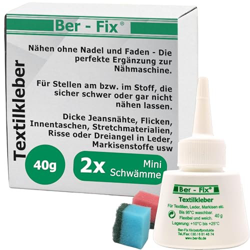 Ber-Fix® Textilkleber 40 g – Stoffkleber für Jeans, Kleidung & Reparaturen – waschfest bis 95 °C – flexibel, transparent, ideal zum Hosen kürzen & Flicken ohne Nähen