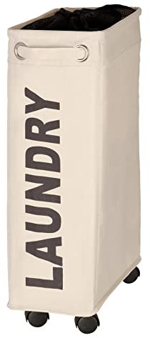 WENKO Wäschesammler Corno Beige, Stabiler schmaler Wäschekorb mit Vier leichtgängigen Rollen und Deckel, Wäschetruhe aus 100% Polyester, Fassungsvermögen 43 L, (B x H x T): 18,5 x 60 x 40 cm