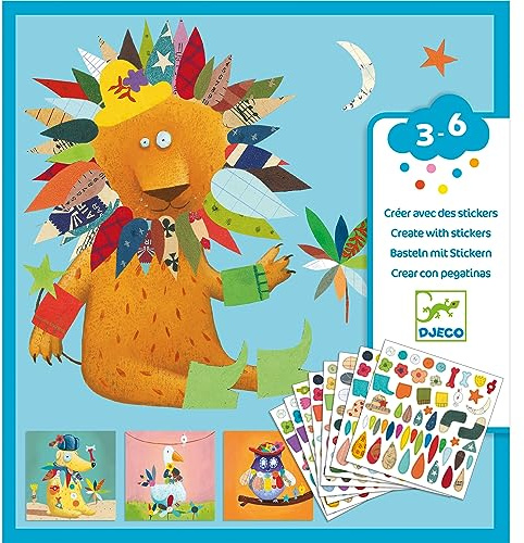 Djeco Kreativ Set Sticker Create animals mit 4 Vorlagen tierischen Aufklebern