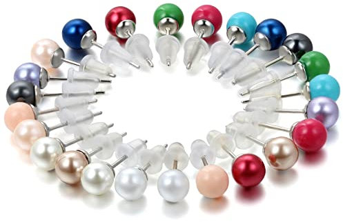 Flongo Damen Ohrringe Set Perlenohrringe Stecker bunt Ohrstecker 24 Stück 6mm Edelstahl Gestüt Stecker Farbige Kugel Perle Perlen Frauen Elegant Set (12 Paar)