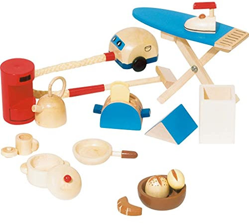 Goki 51939 - Accessoires Küche, 19-teilig, Puppenhausmöbel, aus Holz, Mehrfarbig