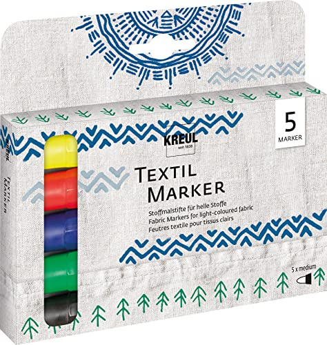 KREUL 90710 - Textil Marker medium, 5 Stoffmalstifte für helle Stoffe, mit großer unempfindlicher Faserspitze, Strichstärke circa 2 bis 4 mm, waschecht nach Fixierung