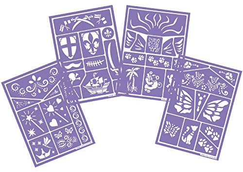 GRIM’TOUT Kit 4 Pochoirs Maquillage Enfants - Grimage, Déguisement - Activité Artistique - Réutilisables et Lavables - Idéal Fête Kermesse Anniversaire et Halloween - Thèmes Variés