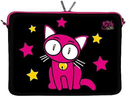 Kitty to Go LS142-15 Designer Notebooktasche 15,6 Zoll (39,1 cm) aus Neopren Notebook-Hülle Sleeve Tasche Schutzhülle Cover Case Bag Katze schwarz-pink