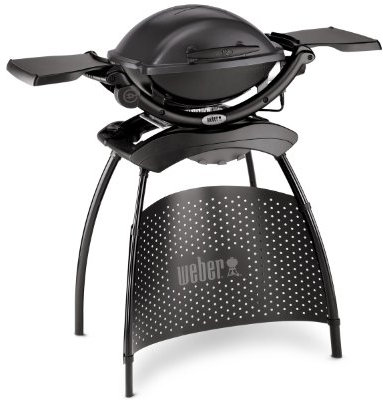 Weber Q 1400 Elektrogrill mit Stand/Tragbarer Stadtgrill, Porzellanemaillierter Gusseisenrost, Schnellheizelement, 43 x 32 cm Grillfläche, Abnehmbare Auffangschale, 1,8 m Netzkabel, Schwarz