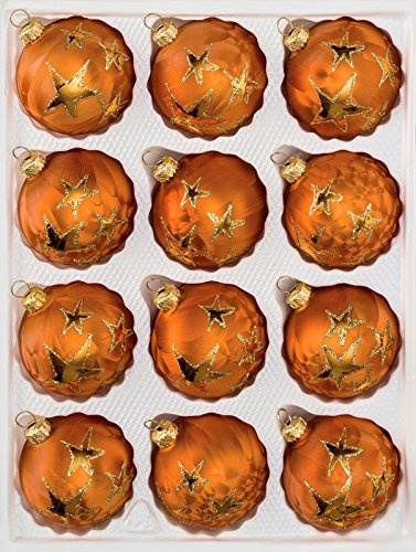 12 tlg. Glas-Weihnachtskugeln Set in Ice Orange Gold Goldener Stern - Christbaumkugeln - Weihnachtsschmuck-Christbaumschmuck