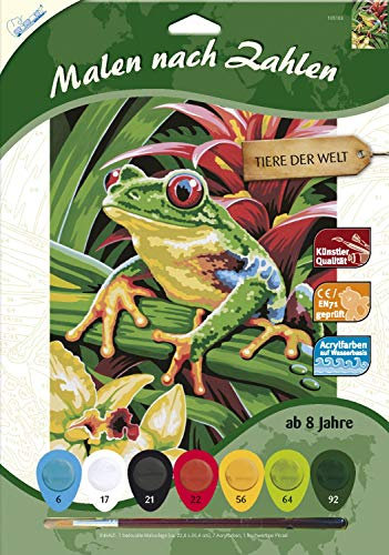 MAMMUT 105103 - Malen nach Zahlen Tiermotiv, Baumfrosch, Komplettset mit bedruckter Malvorlage im A4 Format, 7 Acrylfarben und Pinsel, Malset für Kinder ab 8 Jahre