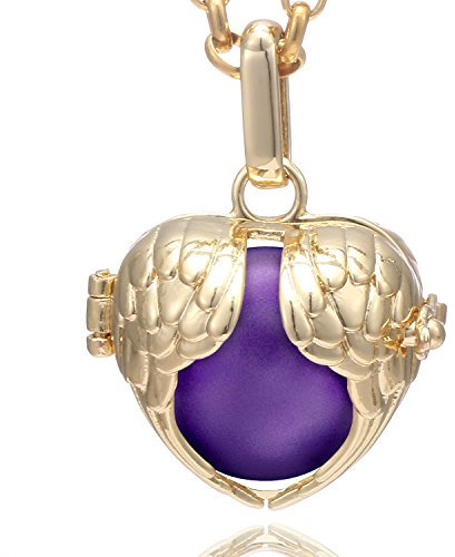 Morella Collar de Acero Inoxidable Dorado 70 cm con Colgante Dorado alas de ángel de la Guarda y Bola de resonancia de Color Lila Ø 16 mm para Damas en Bolsa para Joyas