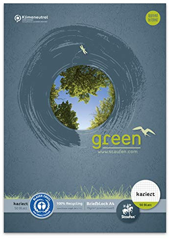 Staufen Green Briefblock - DIN A4, 5mm kariert, 50 Blatt, premiumweißes 70g/m² Recyclingpapier, 1 Stück