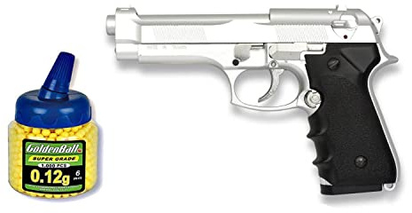 Pack Pistola airsoft M92F metálica, color plata. Calibre 6mm. + Funda portabalines + Biberon 1000 bolas. 23054/21993