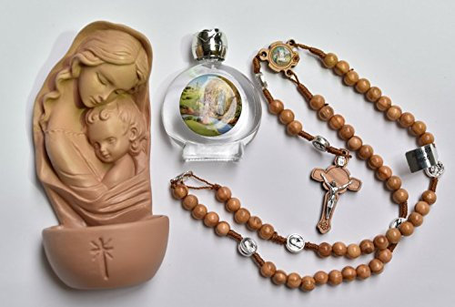 Holy Family Holy Water Font Gift Set & With Bottle of Lourdes Water, Olive Rosary Beads depicting the Lourdes Apparitions, Terracotta Madonna & Child Holy Water Font - Prayer Card