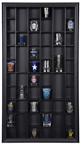Gallery Solutions - Black Wall-Mounted - Curio & Shot Glass Display Case - 17x32 Glass Door - Bar Accessories - Collectible - Miniature Glassware - Bar Accessories