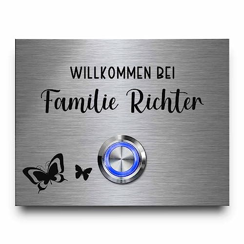 CHRISCK design Edelstahl Türklingel mit Gravur - Klingelschild Modell Richter ab 9x7 cm | Optional mit beleuchtetem Klingelknopf und diversem Zubehör - viele Motive zur Auswahl