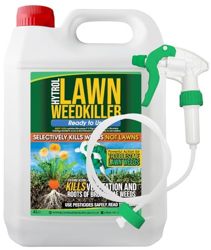 Elixir Gardens 4L Hytrol Ready to Use Selective Lawn Weed Killer & Herbicide | Kills Weeds NOT Lawn | Treats 200 sq.m per bottle | 4 Litre (with Spary Head & Hose) x 1