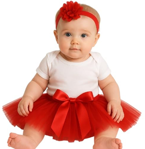 Baby Girl Tutu Outfit Red with Headband Baby Valentine– Infant Toddler Tulle Skirt Dress Up Set for Birthday, Cake Smash, Christmas, Newborn Photo Shoot Shower (Red)