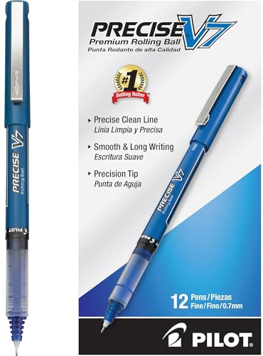 Pilot Precise V7 Stick Roller Ball Pen, Fine Point, 0.35 mm, Blue Barrel/Ink (35349), 12-Count