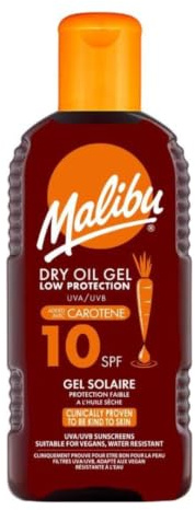 Malibu Sun LSF 10 Nicht fettendes Trockenölgel mit Beta-Carotin und Kokosöl, wasserabweisend, 200 ml