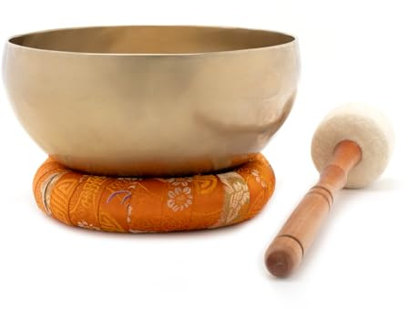 Klangschale mit 'Blume des Lebens' Gravur, handgeschmiedet | Fair Trade aus Nepal, tief schwingend für Yoga & Entspannung, inkl. Zubehör